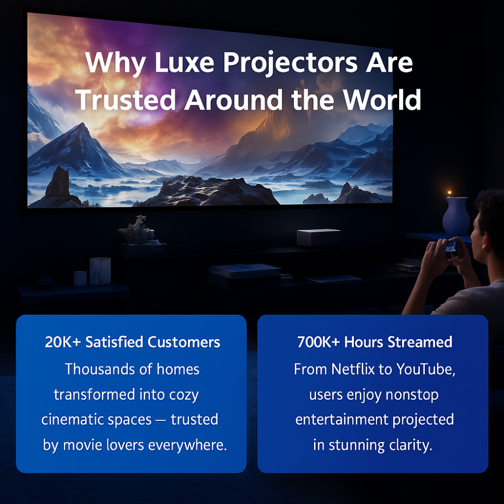 Person watching a movie projected by Luxe Projectors in a dark room.